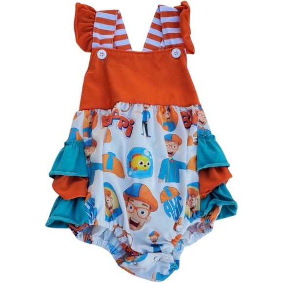 Blippi Bubble Halter Ruffled Romper Turquoise |Orange Girls 12-18 Months - Picture 1 of 3